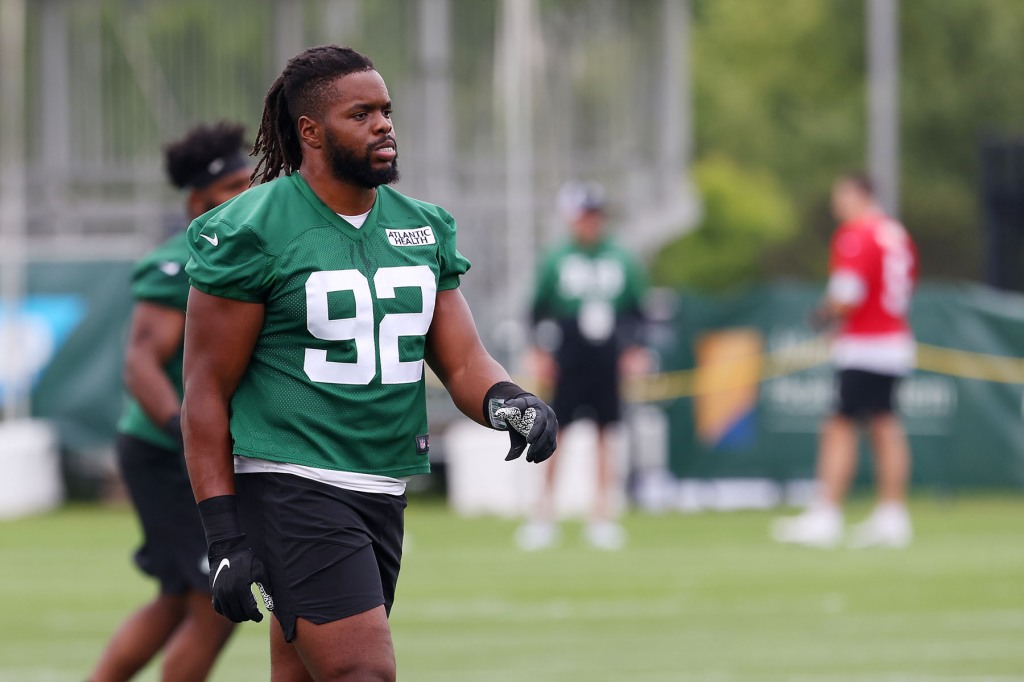 Jabari Zuniga #92 of the New York Jets runs during morning practice at the Atlantic Health Jets Training Center on July 29, 2021 in Florham Park, New Jersey.