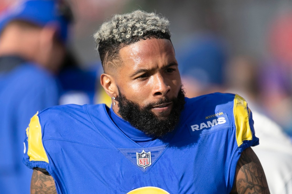 FILE - Los Angeles Rams widefield Odell Beckham Jr. walks on the sidelines during an NFL playoff game against the Tampa Bay Buccaneers on January 23, 2022, in Tampa, Florida. 