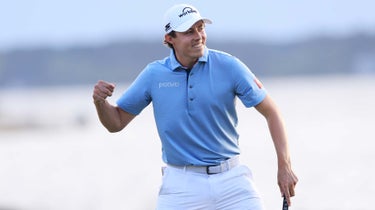 Matt Fitzpatrick of England celebrates winning his third round playoff against Jordan Spieth (not pictured) of the United States during the final round of the RBC Heritage at Harbor Town Golf Links on April 16, 2023 in Hilton Head Island, South Carolina.