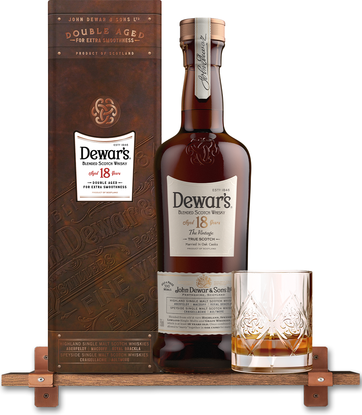 A somewhat indulgent after-dinner drama, Dewar's richly-flavored 18-year-old blended Scotch whiskey has won accolades the world over since its introduction to the collection in 2003.