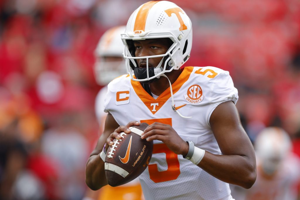 Tennessee quarterback Hendon Hooker (5) was considered a Heisman Trophy candidate before tearing his ACL in November 2022.