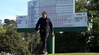 Phil Mickelson of the United States reacts on the 18th green during the final round of the 2023 Masters at Augusta National Golf Club on April 09, 2023 in Augusta, Georgia.