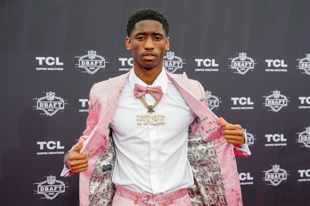 USC wide receiver Jordan Addison poses for a photo on the NFL Draft Red Carpet before the first round of the 2023 NFL Draft at Union Station
