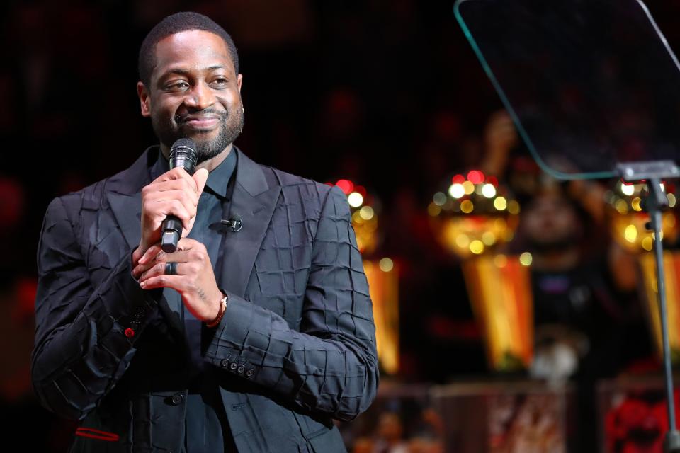 Former Miami Heat player Dwyane Wade speaks during his jersey retirement celebration at American Airlines Arena on February 22, 2020.