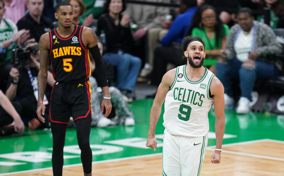 Boston Celtics guard Derek White (9) reacts after his basket against the Atlanta Hawks in the fourth quarter during Game 2 of a first-round series.  (David Butler II/USA Today Sports)