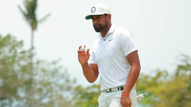 Tony Finau of the United States hits after paring the 6th hole during the final round of the Mexico Open at Vedanta on April 30, 2023 in Puerto Vallarta, Jalisco.