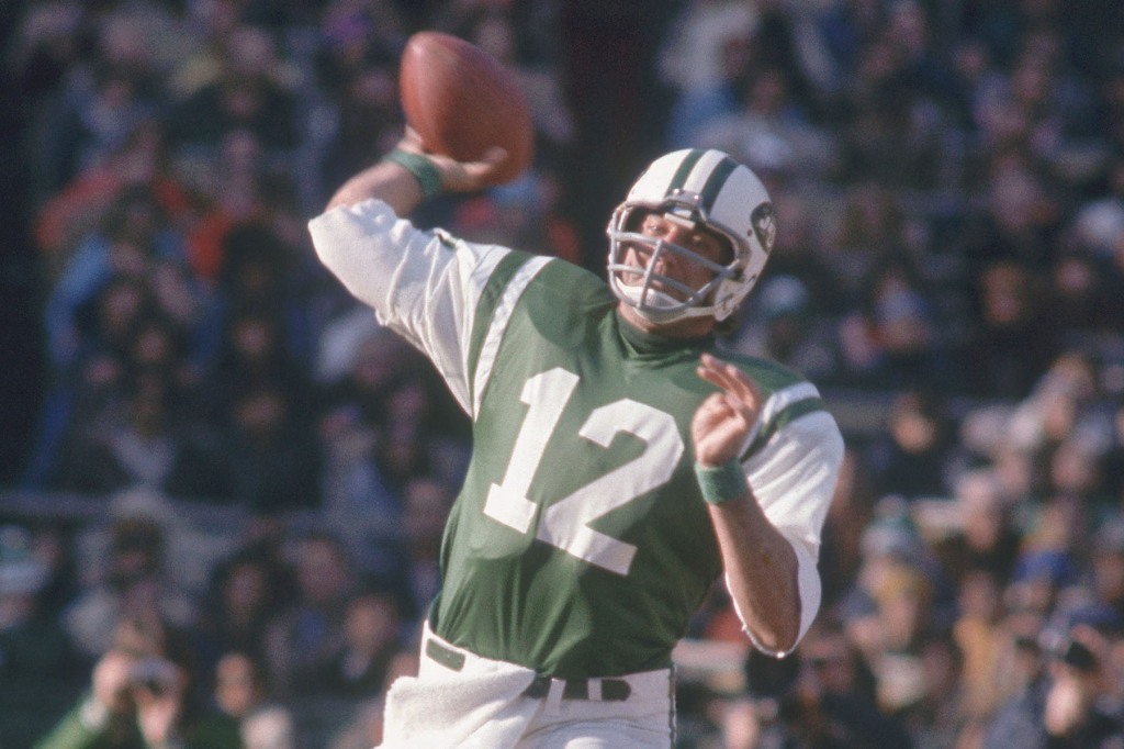 New York Jets quarterback Joe Namath #12 threw a deep pass during a game circa 1970s. 