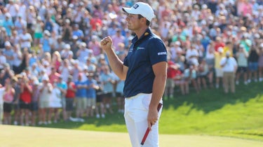 Norway's Victor Hovland reacts after putting his playoff winning putt on the 18th green during the final round of the Memorial Tournament presented by Workday at Muirfield Village Golf Club on June 4, 2023 in Dublin, Ohio.