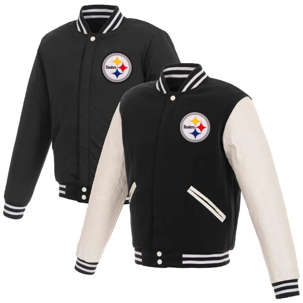 Pittsburgh Steelers NFL Pro Line Fanatics Reversible Fleece Jacket with Faux Leather Sleeves - Black/White