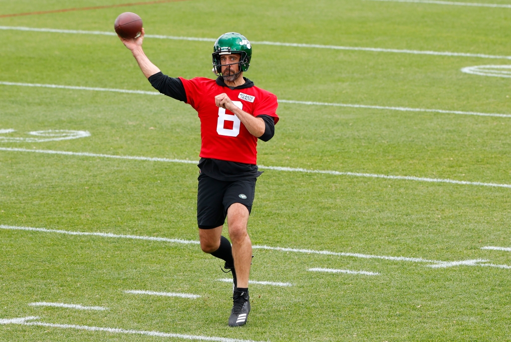 Aaron Rodgers throws a pass during New York Jets OTA in Florham Park.