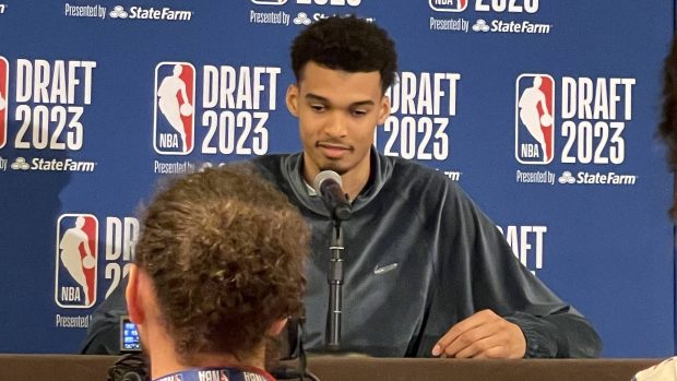 Victor Wimpanyama speaks at the NBA Draft press conference.