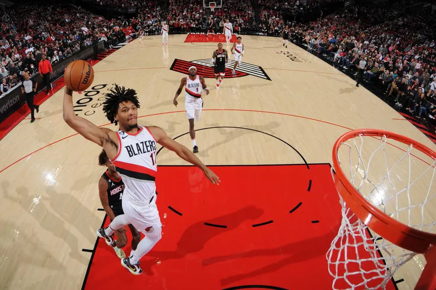 Shedon Sharp of the Portland Trail Blazers goes up for a dunk during a game against the Houston Rockets in October.