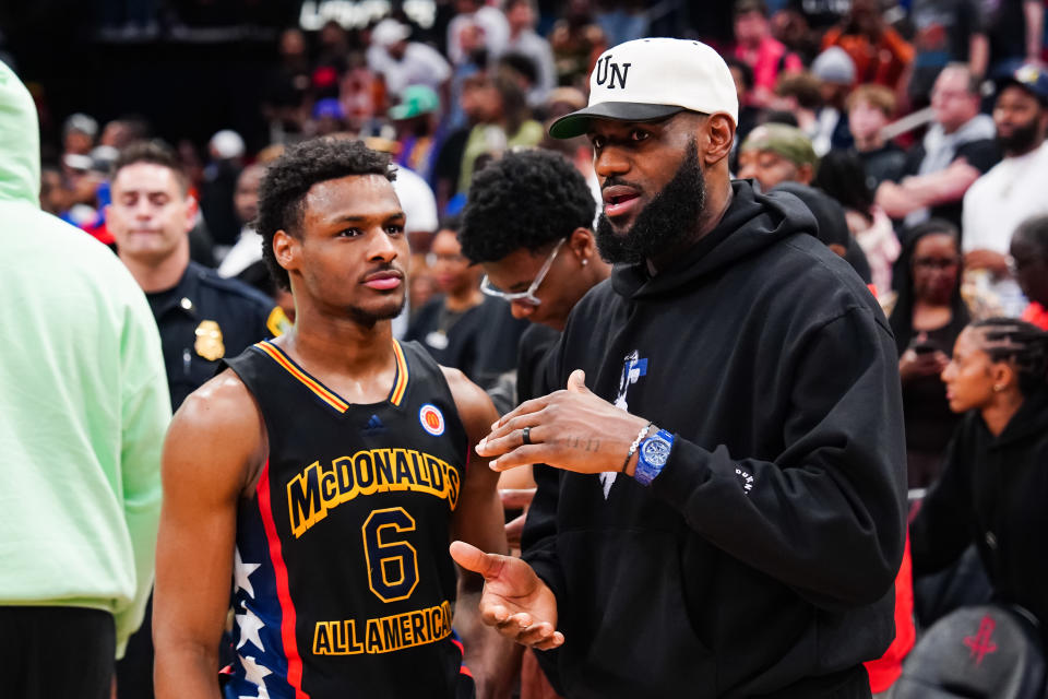 Bronny James wore #6 to the All-American Game for McDonald's and would continue to do so at USC.  (Alex Berens de Haan / Getty Images)