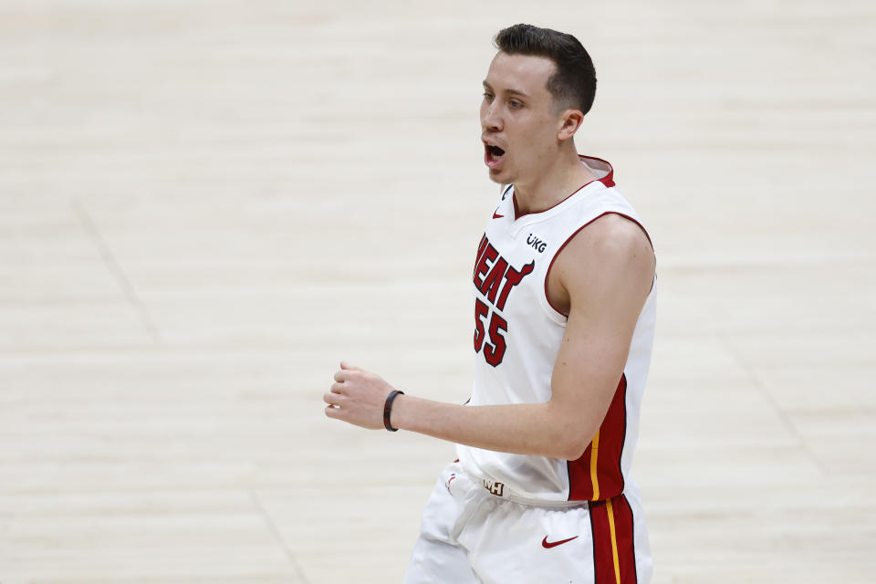 DENVER, CO - JUNE 4: Duncan Robinson #55 of the Miami Heat celebrates after a three-point basket during the fourth quarter against the Denver Nuggets in Game 2 of the 2023 NBA Finals at Ball Arena on June 4, 2023 in Denver, Colorado.  Note to User: User expressly acknowledges and agrees that, by downloading or using this image, User agrees to the terms and conditions of the Getty Images license agreement.  (Photo by Justin Edmonds/Getty Images)