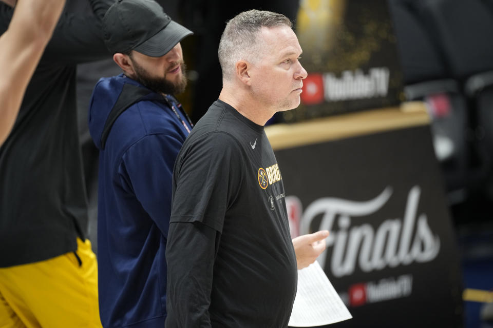 Denver Nuggets head coach Michael Malone looks on during practice for Game 2 of the NBA Finals on Saturday, June 3, 2023 in Denver.  (AP Photo/David Zalubowski)