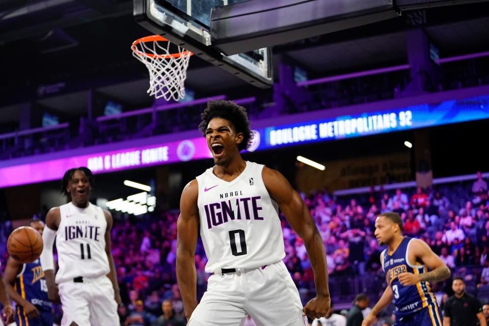 NBA G League guard Ignite Scoot Henderson reacts after scoring a layup against the Boulogne-Levallois Metropolitans 92 at The Dollar Loan Center on October 4, 2022.