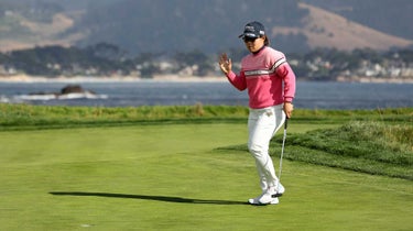 Japan's Nasa Hatooka reacts after making a birdie on the 17th green during the third round of the 78th US Women's Open at Pebble Beach Golf Links on July 8, 2023 in Pebble Beach, California.