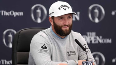 John Rahm of Spain speaks to the media during a press conference prior to the 151st Open Championship at Royal Liverpool Golf Club on July 18, 2023 in Hoylake, England.
