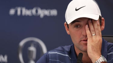 Scotty Scheffler of the United States responds during a press conference ahead of the 151st Open Championship at Royal Liverpool Golf Club on July 18, 2023 in Hoylake, England.
