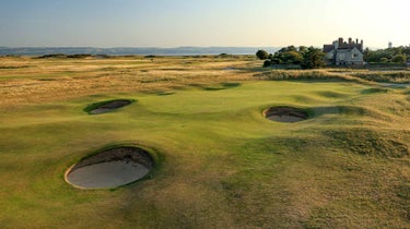 A view of the green on the first hole of the Par-4 (played as the 17th hole for club steering) of the Open Championship at Royal Liverpool Golf Club in Hoylake, England.