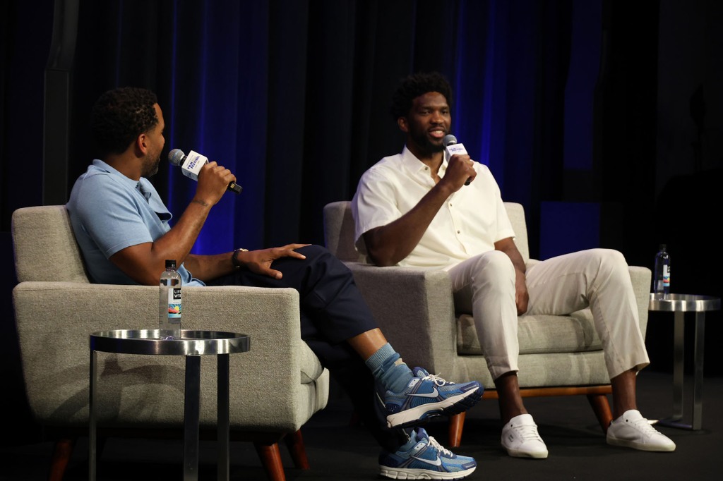 Maverick Carter and Joel Embiid speak onstage during UNINTERRUPTED Film Festival 2023 Powered by Tribeca at NeueHouse Hollywood on July 13, 2023 in Hollywood, California.