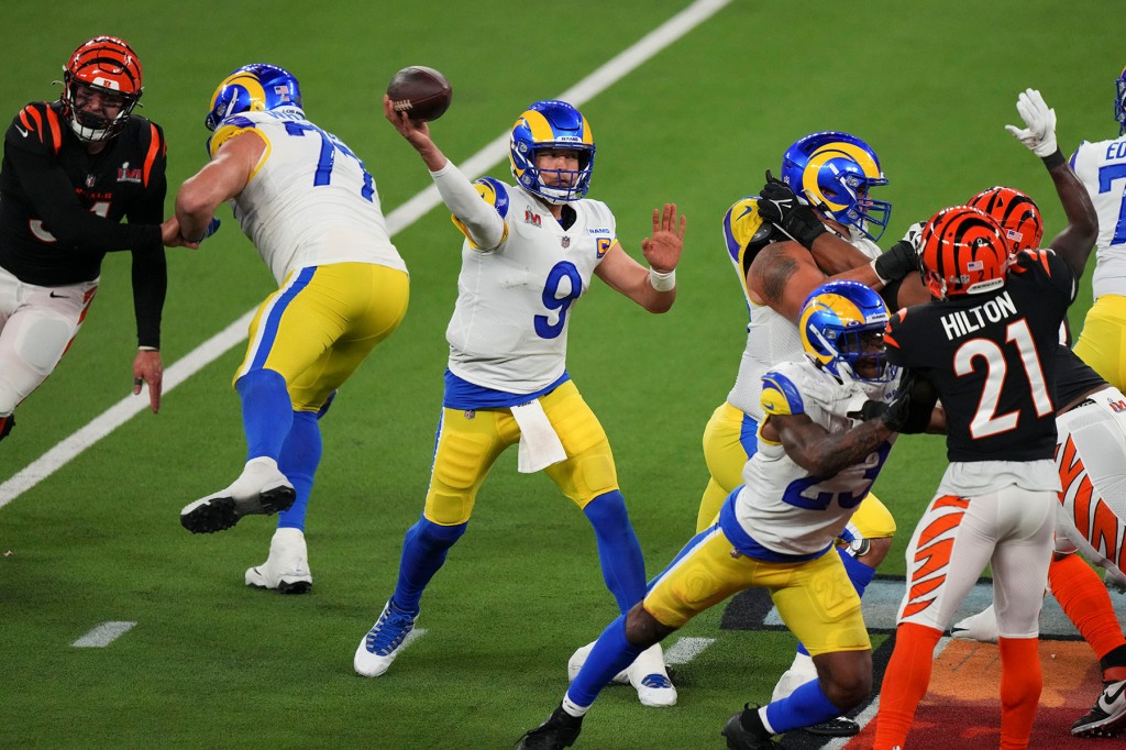 Matthew Stafford #9 of the Los Angeles Rams throws the ball during to the NFL Super Bowl LVI football game against the Cincinnati Bengals at SoFi Stadium on February 13, 2022 in Inglewood, California. 