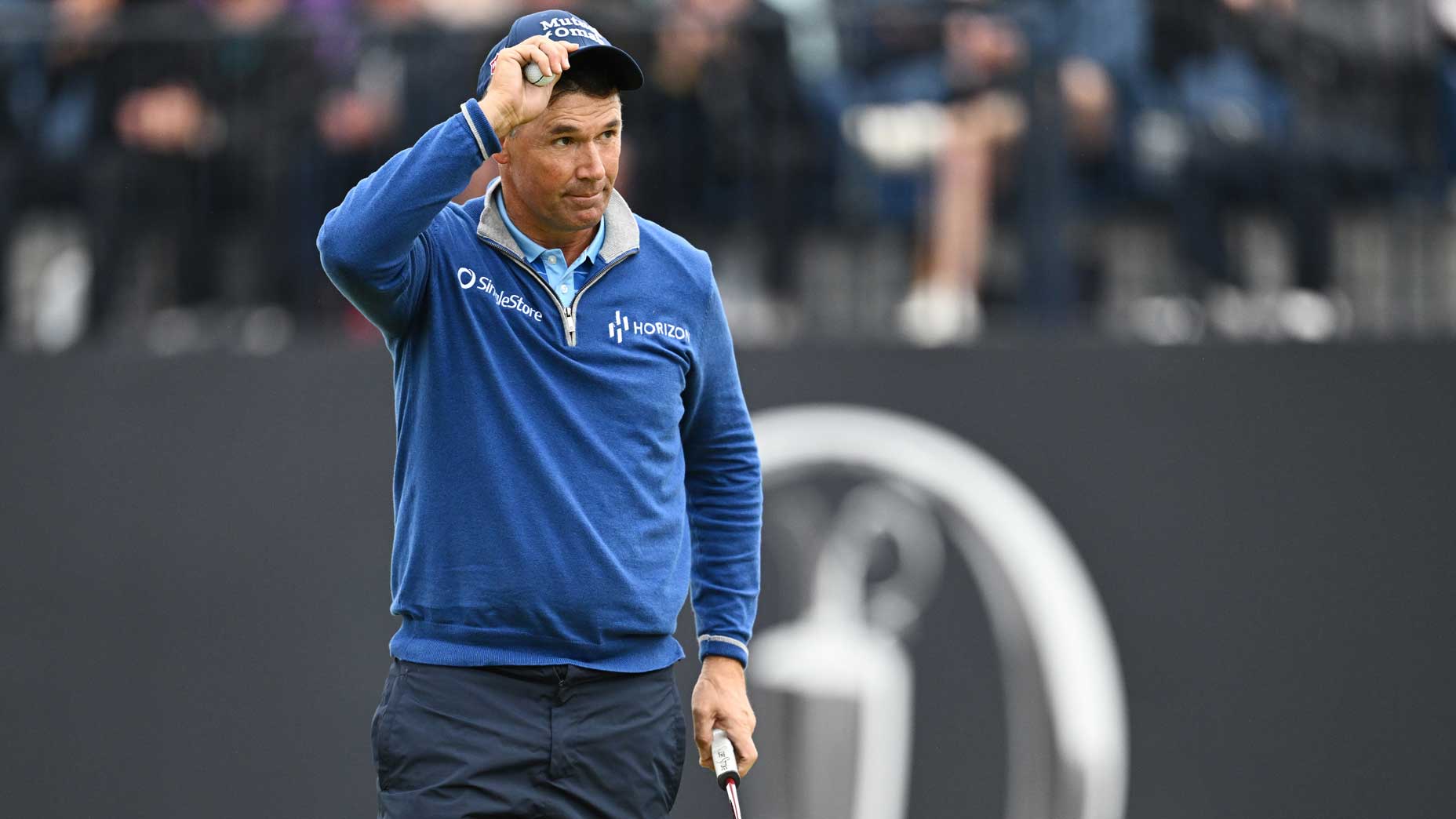 Padraig Harrington of Ireland reacts on the 18th green during Day Three of The 151st Open at Royal Liverpool Golf Club on July 22, 2023 in Hoylake, England.
