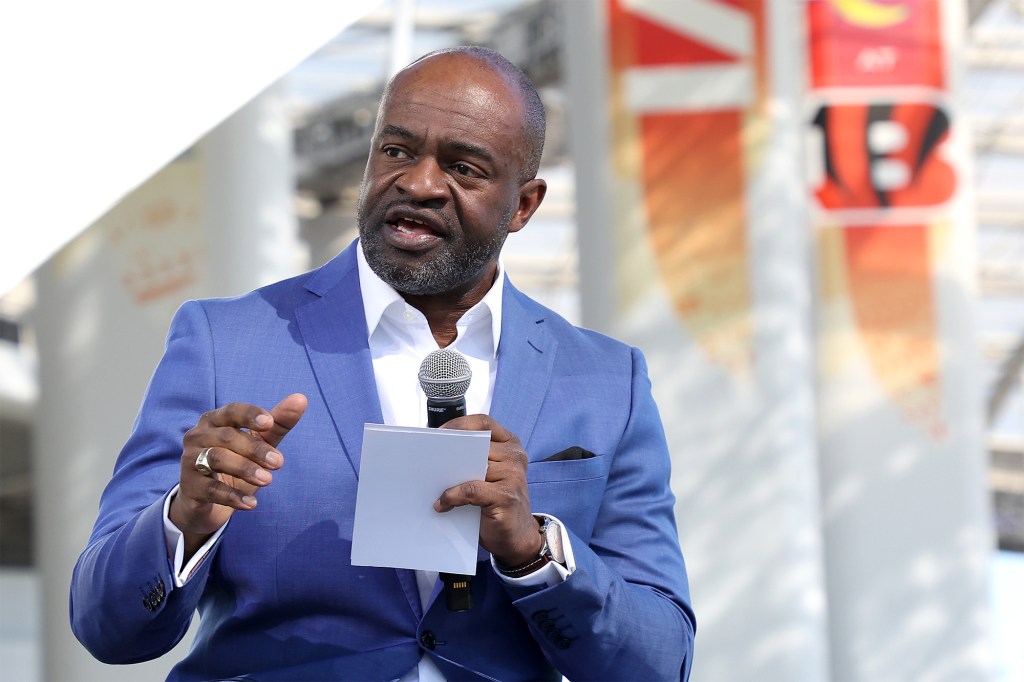 NFLPA executive director DeMaurice Smith addresses reporters during a Super Bowl press conference in 2022.