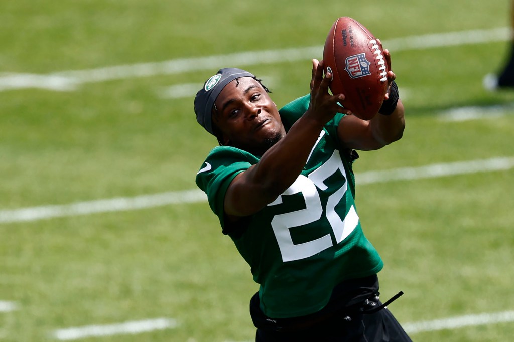 Safety Tony Adams #22 of the New York Jets makes a catch during the teams OTAs at Atlantic Health Jets Training Center on June 9, 2023 in Florham Park, New Jersey. 