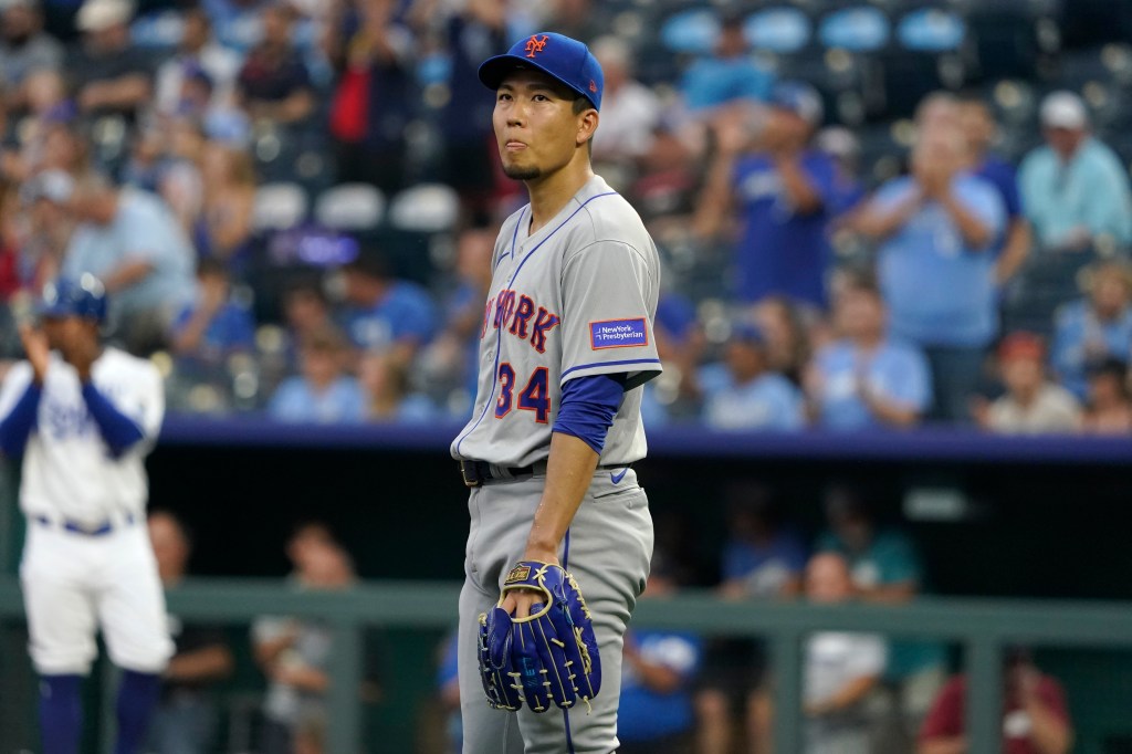 The Mets' Kodai Senga stares off from the mound during a start against the Royals.