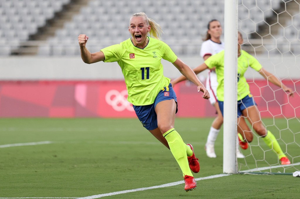 Stina Blackstenius #11 of Team Sweden celebrates after scoring their side's first goal during the Women's First Round Group G match between Sweden and United States during the Tokyo 2020 Olympic Games at Tokyo Stadium on July 21, 2021 in Chofu, Tokyo, Japan.