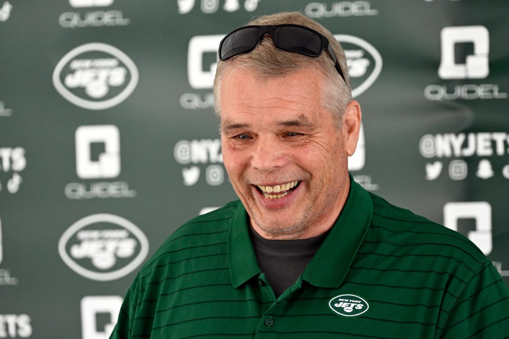 Jets legend Joe Klecko speaks with the media at training camp in Florham Park, N.J. He was selected as a finalist for the Pro Football Hall of Fame