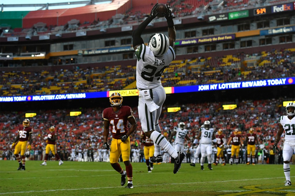 Darrelle Revis jumps to make an interception during the Jets' game against Washington in 2016.