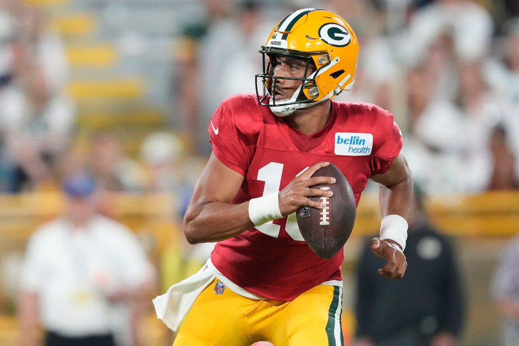 Jordan Love looks to throw during Packers Family Night in 2023.