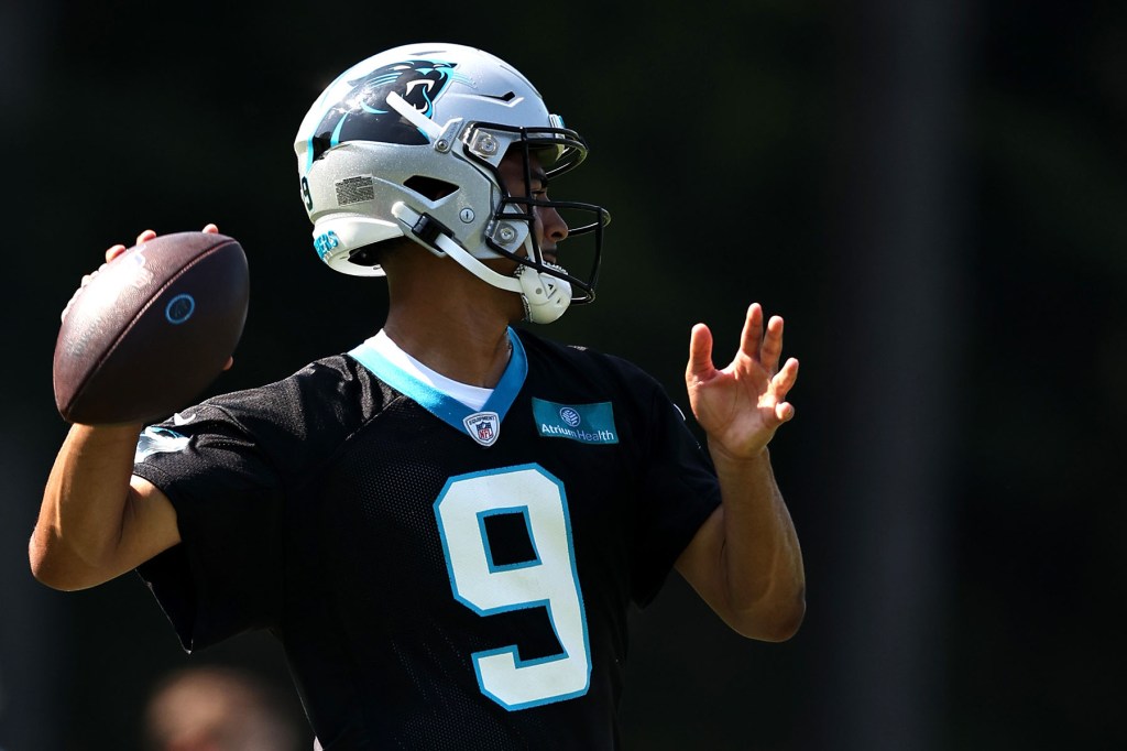 Bryce Young throws at Panthers practice.