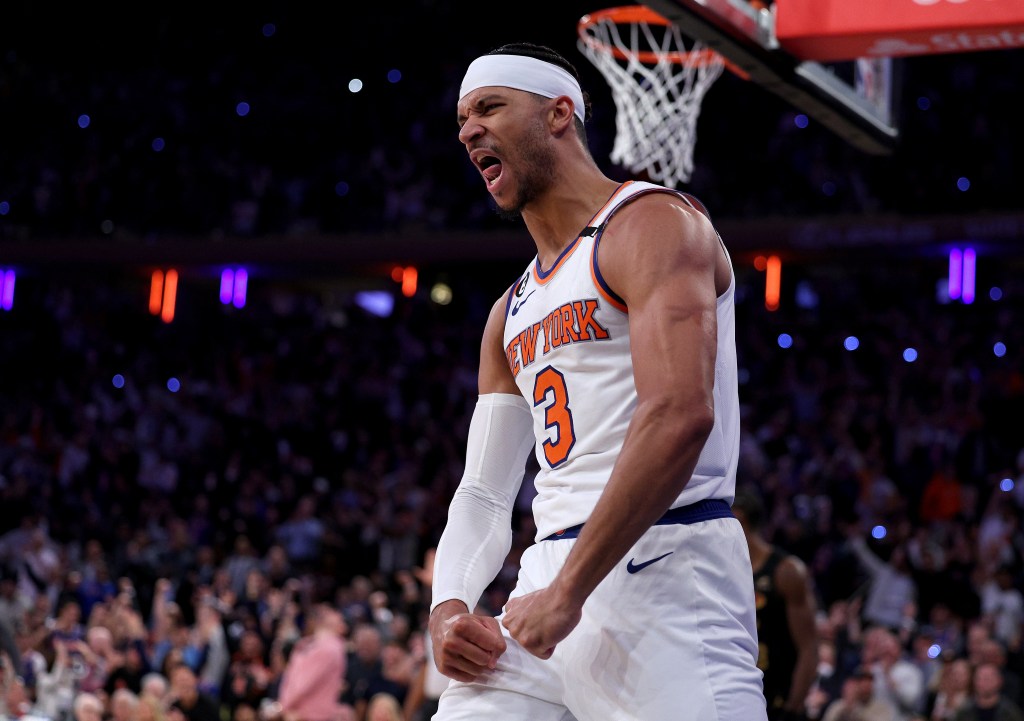 Josh Hart celebrates during a Knicks playoff win over the Cavaliers.