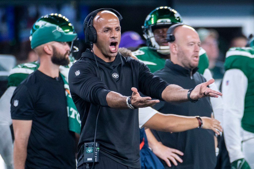 New York Jets head coach Robert Saleh reacts in the first half against the Tampa Bay Buccaneers at MetLife Stadium, Saturday, Aug. 19, 2023, in East Rutherford, NJ. 