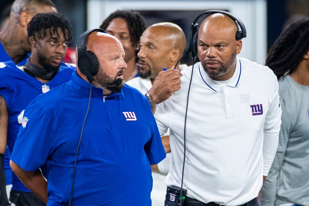 New York Giants head coach Brian Daboll speaks to special teams coach Thomas McGaughey in the second half against the Carolina Panthers at MetLife Stadium, Friday, Aug. 18, 2023, in East Rutherford, NJ. 