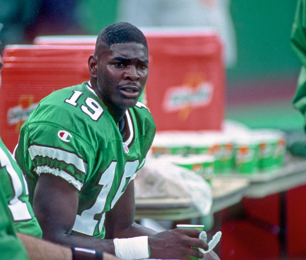 Wide receiver Keyshawn Johnson from the sideline during a game against the New York Giants in 1996.
