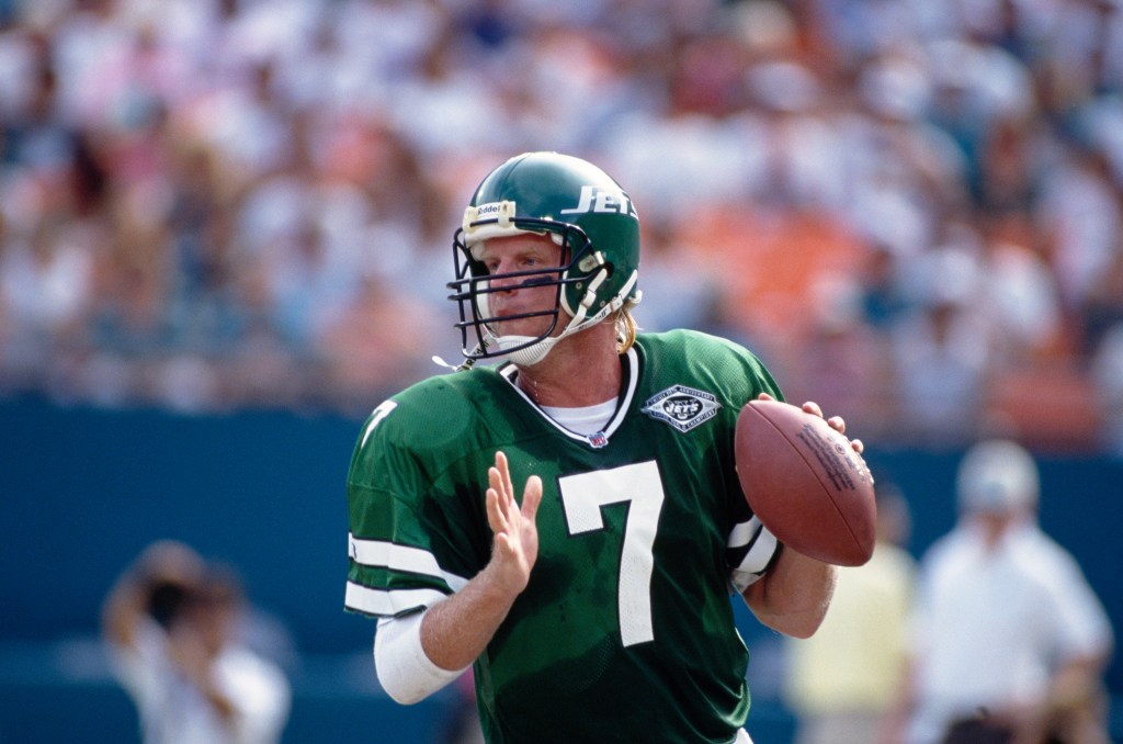 New York Jets quarterback Boomer Esiason looks for a pass