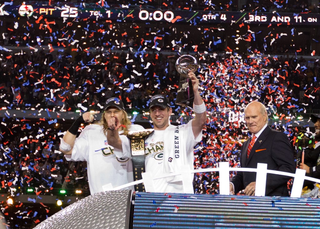 Aaron Rodgers and Clay Matthews celebrate their victory against the Pittsburgh Steelers during Super Bowl XLV at Cowboys Stadium in 2011.