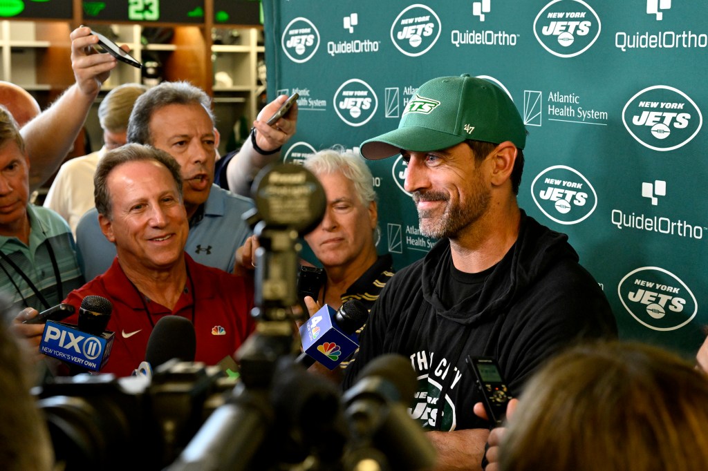 Jets quarterback Aaron Rodgers speaks with the media after practice in Florham Park, NJ. 