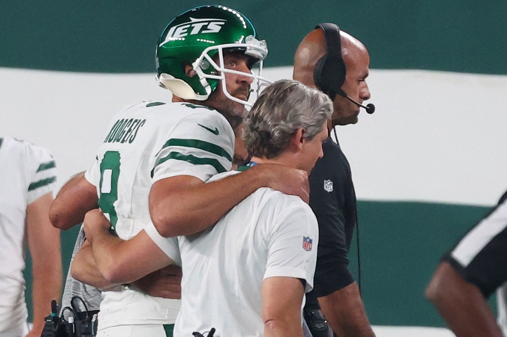 New York Jets quarterback Aaron Rodgers (8) injured during the first quarter on a sack when the New York Jets played the Buffalo Bills Monday, September 11, 2023 at MetLife Stadium in East Rutherford, NJ.