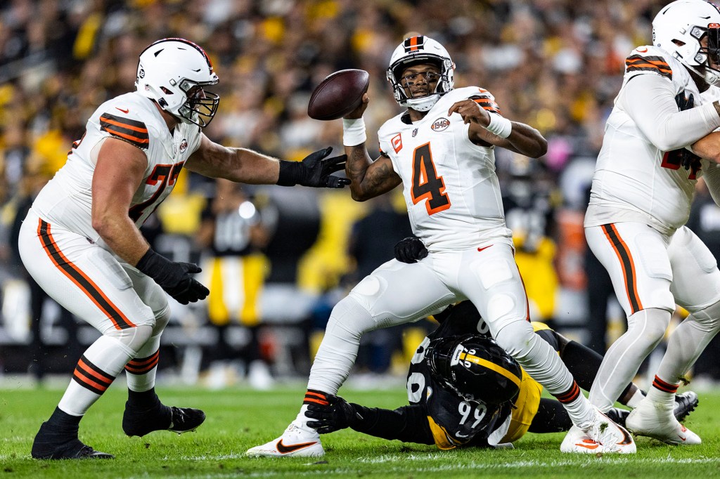 Deshaun Watson #4 of the Cleveland Browns is sacked by Larry Ogunjobi #99 of the Pittsburgh Steelers during the game against the Pittsburgh Steelers at Acrisure Stadium on September 18, 2023 in Pittsburgh, Pennsylvania. The Steelers beat the Browns 26-22. 