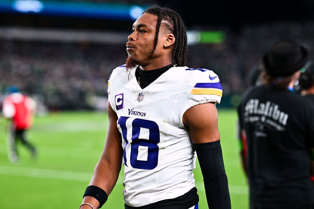 Minnesota Vikings Wide Receiver Justin Jefferson (18) leaves the field after the first half during the game between the Minnesota Vikings and Philadelphia Eagles on September 14, 2023 at Lincoln Financial Field in Philadelphia, PA. 