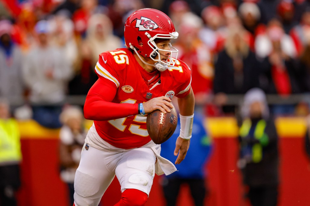 Patrick Mahomes #15 of the Kansas City Chiefs looks for an open receiver during the second quarter against the Buffalo Bills.
