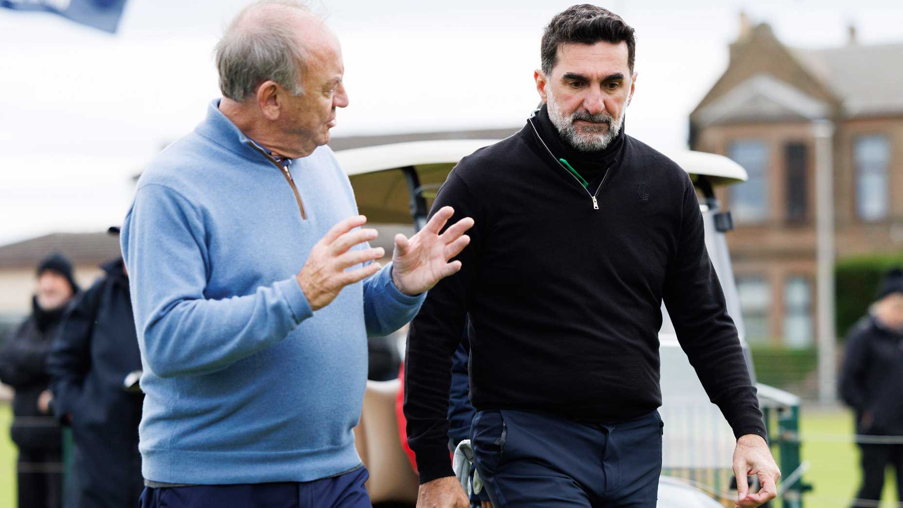 OWGR board chairman Peter Dawson and PIF governor Yasir Al-Rumayyan at the Alfred Dunhill Links Championship at Carnoustie Golf Links, just days before the OWGR announced it had rejected LIV Golf's application.