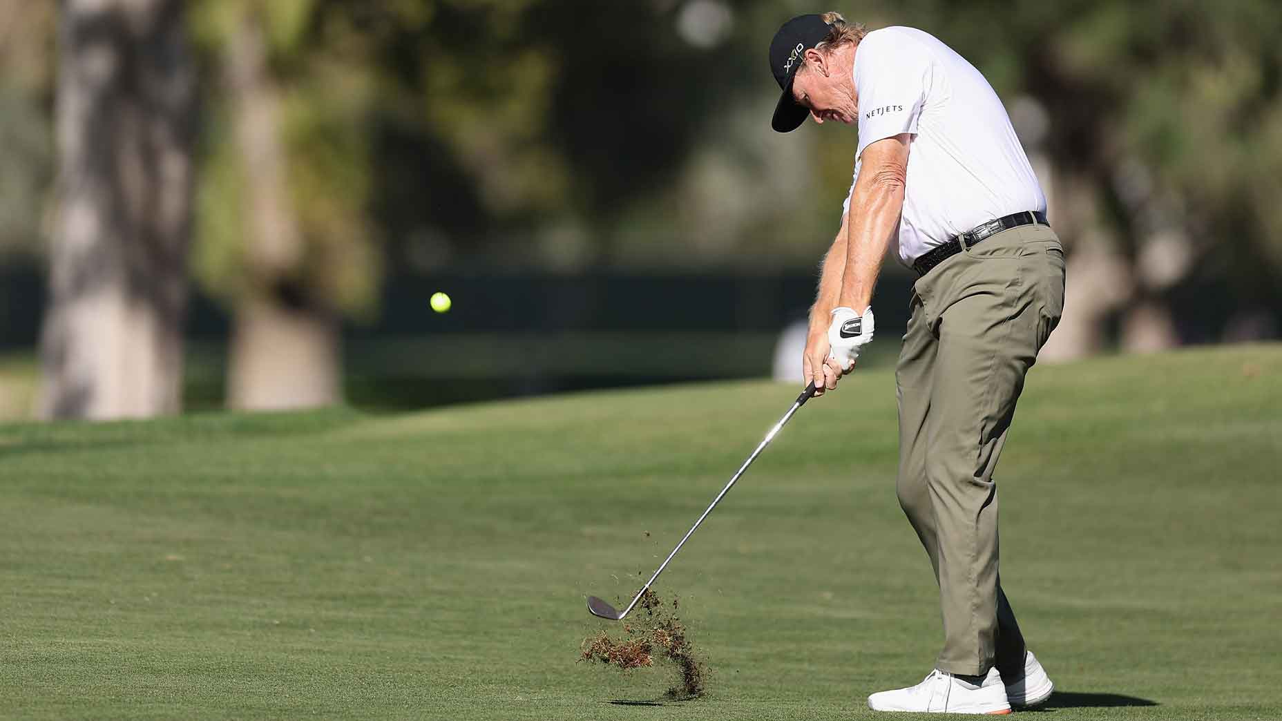 Ernie Els of South Africa plays his second shot on the seventh hole during the first round of the Charles Schwab Cup Championship at Phoenix Country Club on November 09, 2023 in Phoenix, Arizona.