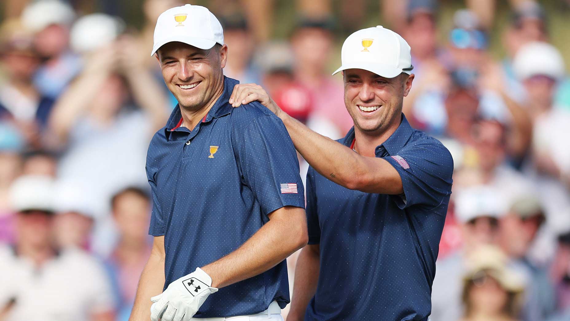 Jordan Spieth and Justin Thomas pictured at the 2022 Presidents Cup at Quail Hollow Club on Sept. 24, 2022 in Charlotte, N.C.