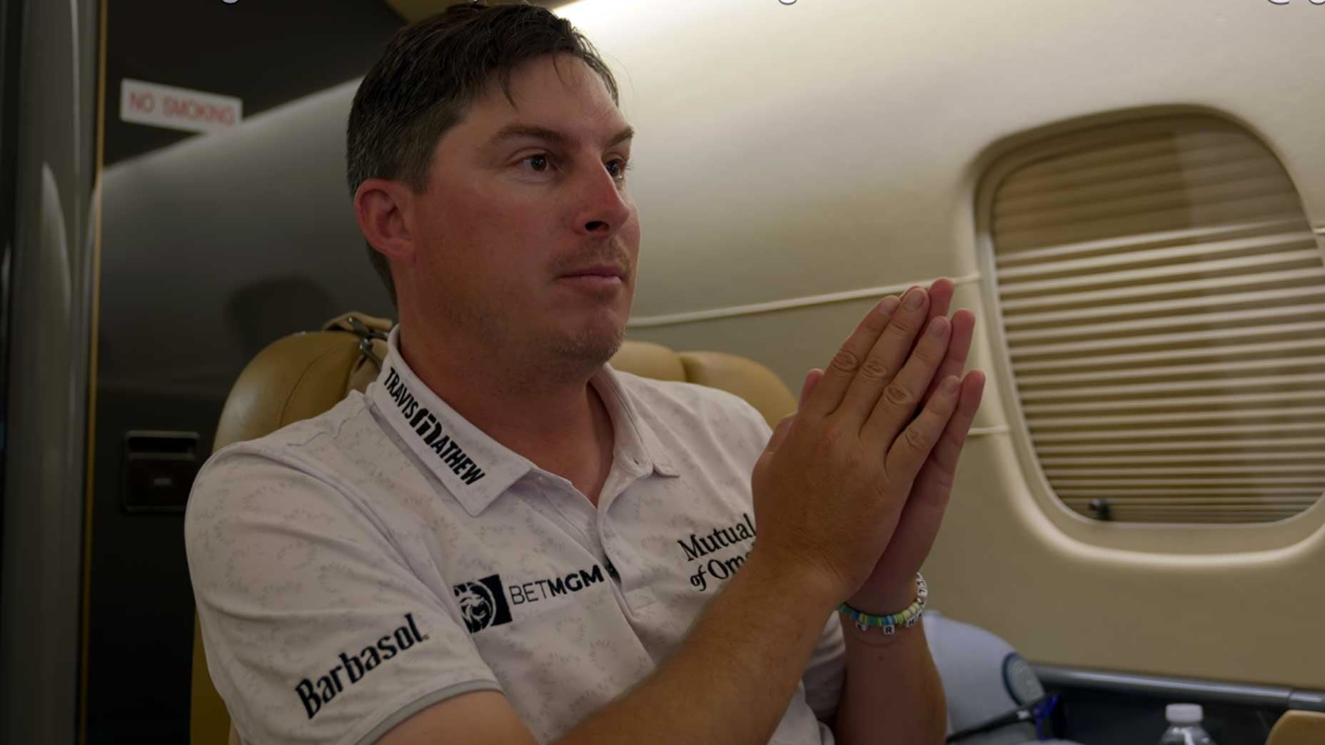 Pro golfer Joel Dahmen sits on private jet during Netflix's Full Swing